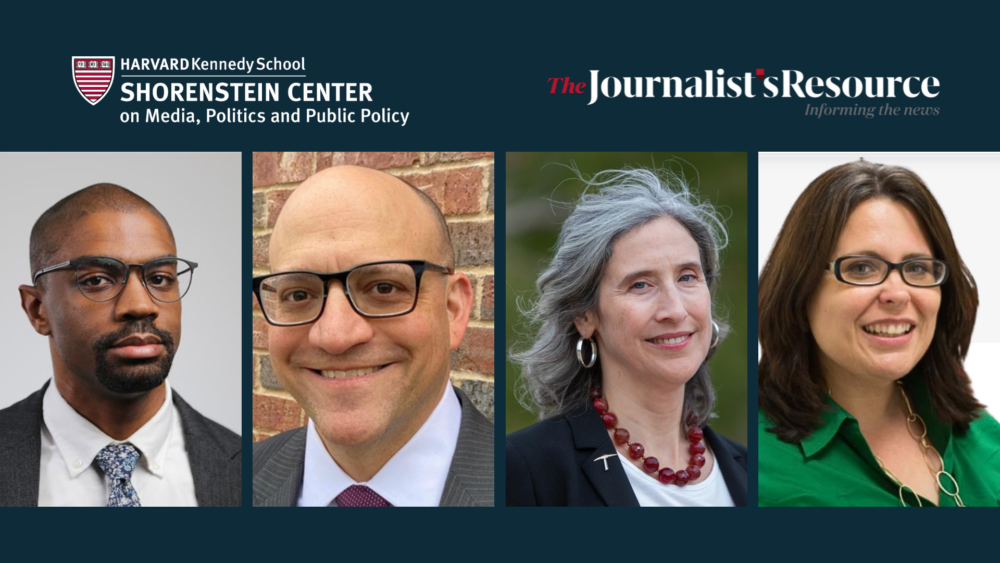 Graphic with Shorenstein Center and Journalist’s Resource logos above four professional headshots of two men and two women.