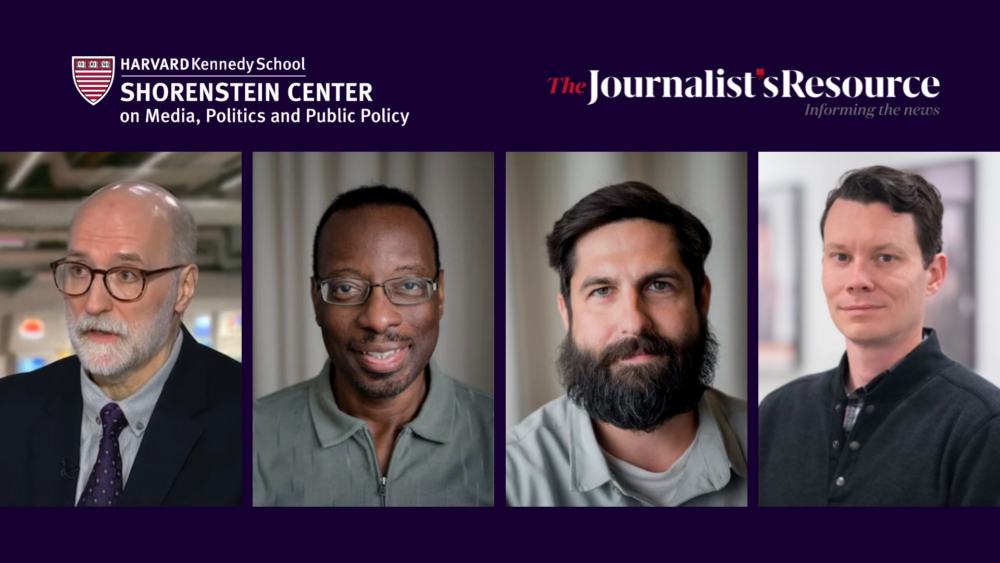 Banner for Harvard Kennedy School’s Shorenstein Center and The Journalist’s Resource, featuring four head-and-shoulders portraits of men arranged side by side on a purple background.