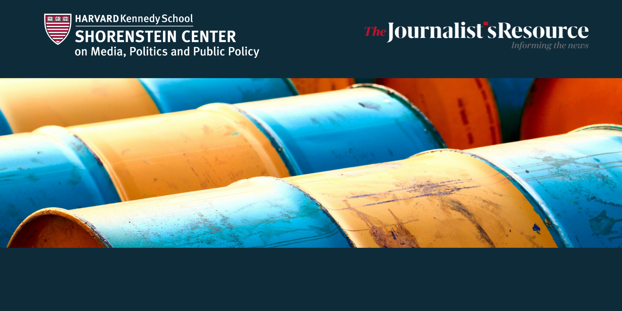 an image of oil barrels, illustrating one of the economic consequences of the war in Iran, with the Shorenstein Center and Journalist's Resource logos in a bar at the top