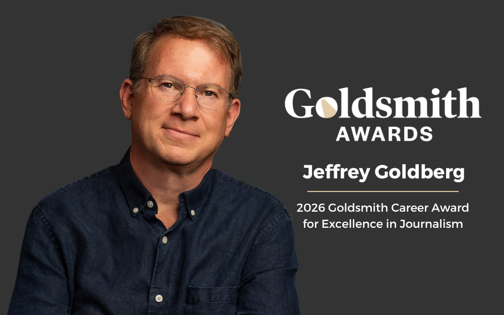 Graphic featuring Jeffrey Goldberg with text reading “Goldsmith Awards — Jeffrey Goldberg, 2026 Goldsmith Career Award for Excellence in Journalism.”