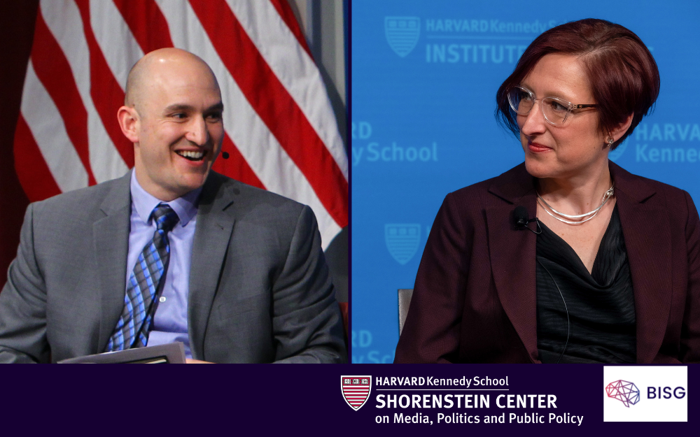 Two people speaking at a Harvard Kennedy School event, one before a U.S. flag and one against a blue backdrop, with Shorenstein Center and BISG logos at the bottom.