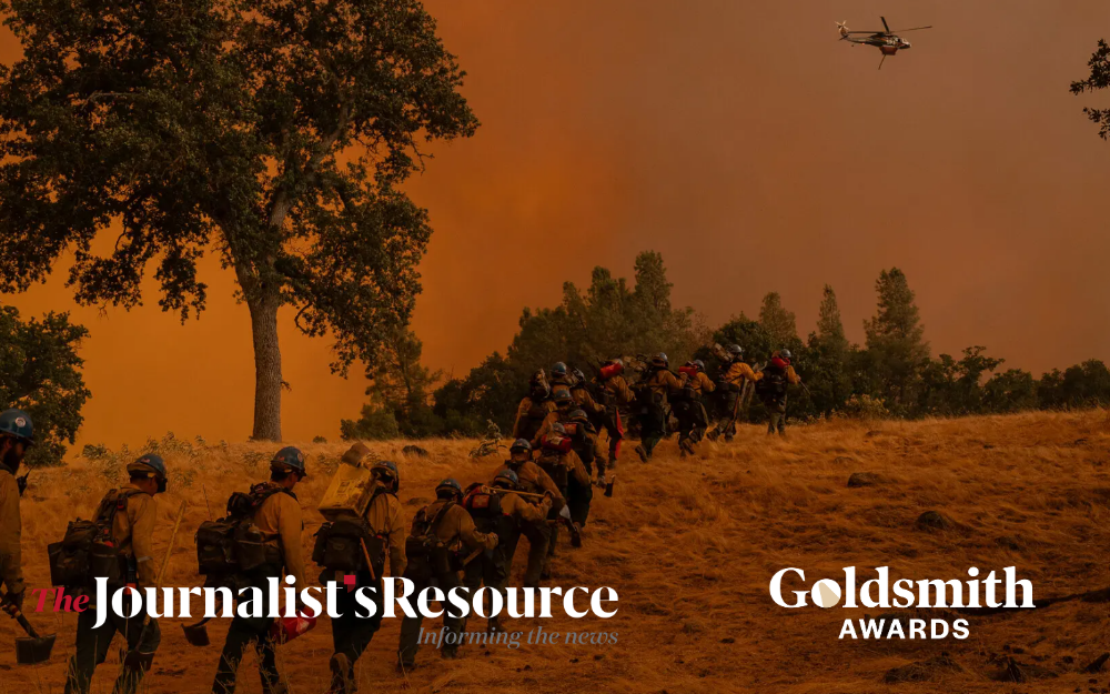 Image of wildfire response: firefighters hike under an orange, smoky sky with a helicopter overhead. Text: “The Journalist’s Resource” and “Goldsmith Awards.”