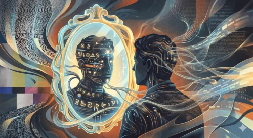 AI generated illustration of someone looking at themselves in a mirror, but the mirror self is made up of buttons and math equations.