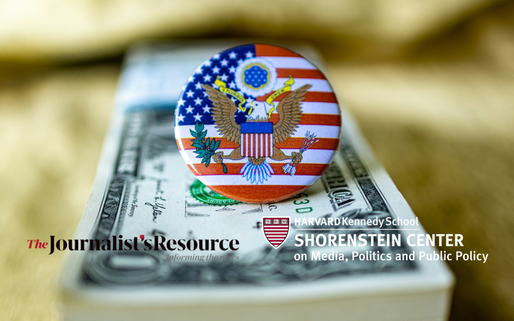 Close-up of a button featuring the U.S. flag and Great Seal resting on a U.S. one-dollar bill, with logos for The Journalist's Resource and the Harvard Kennedy School Shorenstein Center overlaid.