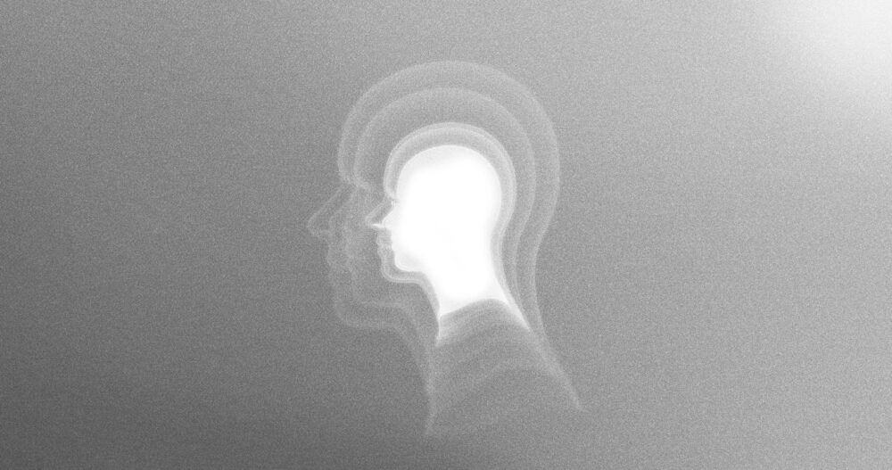 gray pixelated graphic with a white silhouette of a human head in the center with gray echoes of the shape in concentric rings around the central silhouette.
