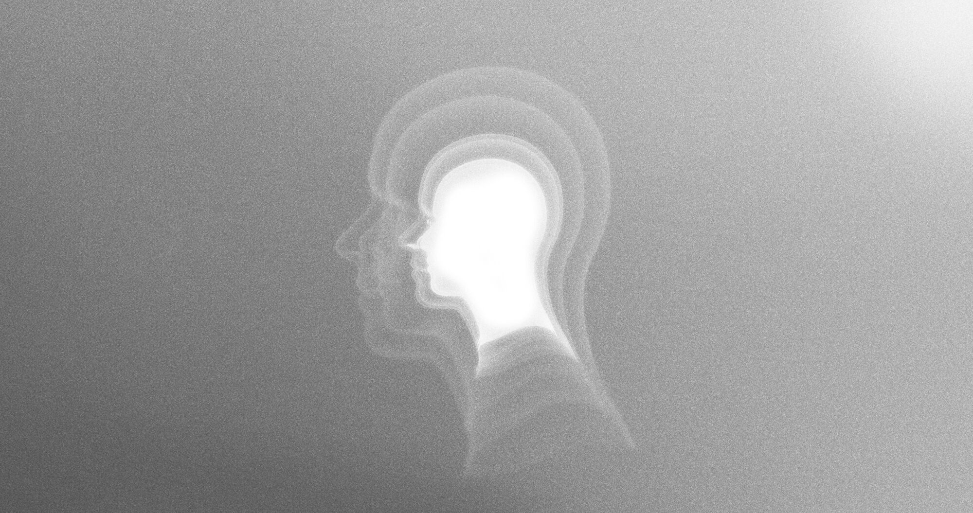 gray pixelated graphic with a white silhouette of a human head in the center with gray echoes of the shape in concentric rings around the central silhouette.