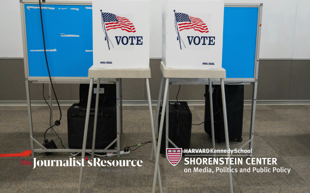 photograph of voting booths with the logos of The Shorenstein Center and The Journalist's Resource overlayed