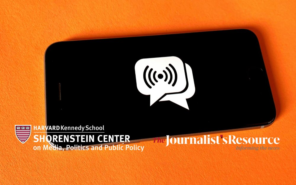 orange event flyer with image of a phone with chat bot icon displayed and logos for The Shorenstein Center and The Journalist's Resource overlayed