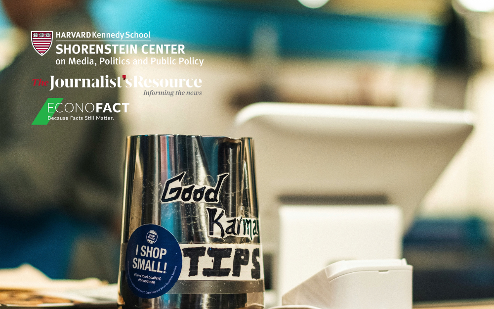 Tip jar labeled “Good Karma Tips” at a checkout counter, with Shorenstein Center, The Journalist’s Resource, and Econofact logos.