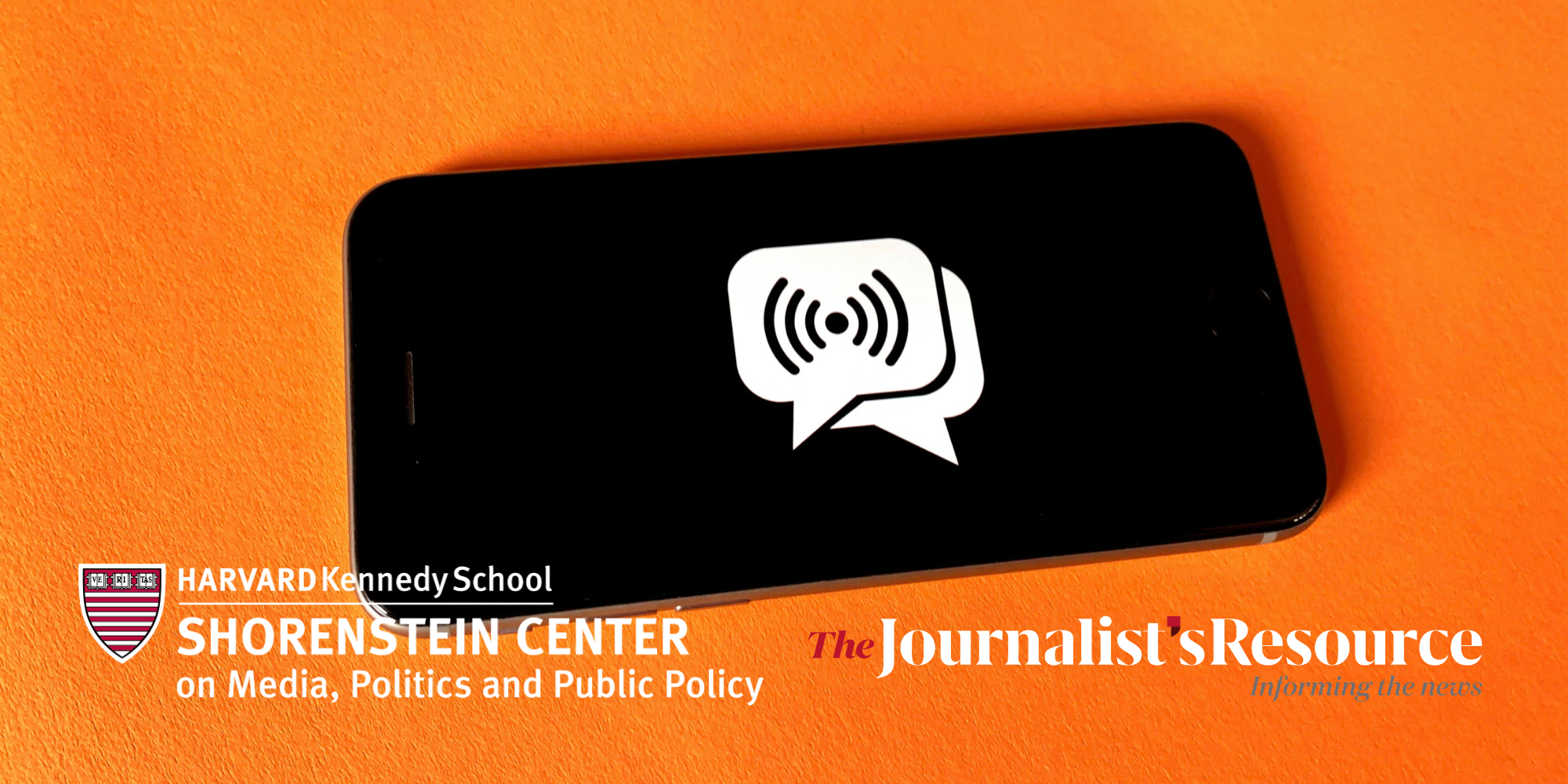 orange event flyer with image of a phone with chat bot icon displayed and logos for The Shorenstein Center and The Journalist's Resource overlayed