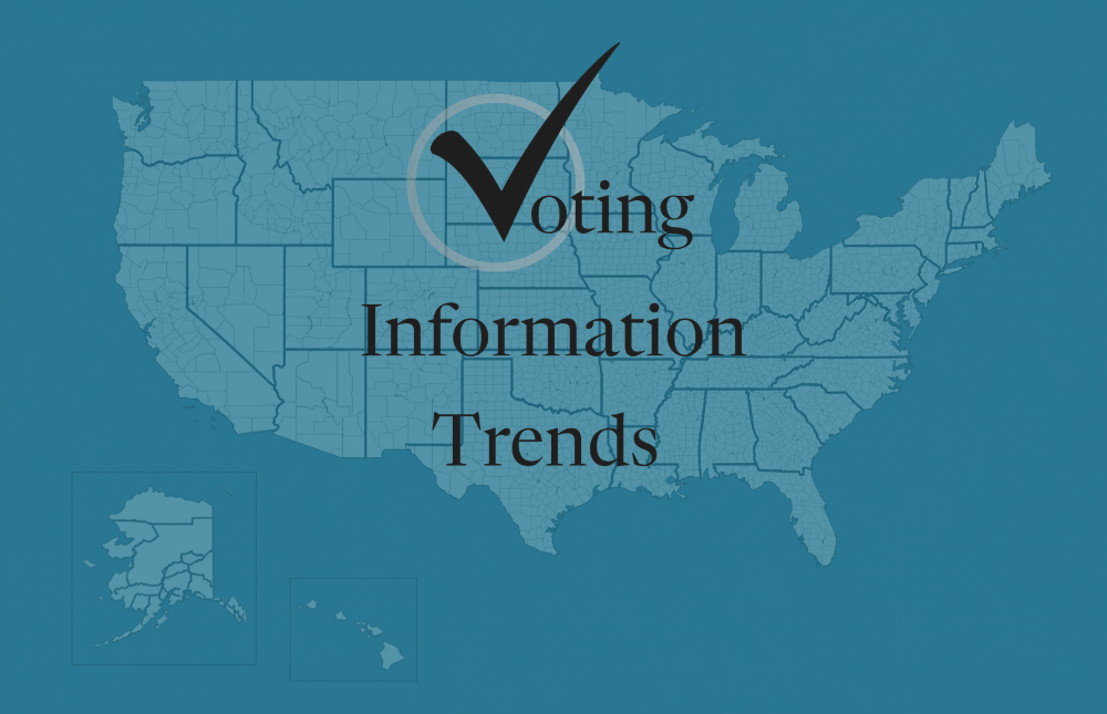 map of the United States with each county outlined, overlayed with the Voting Information Trends series logo