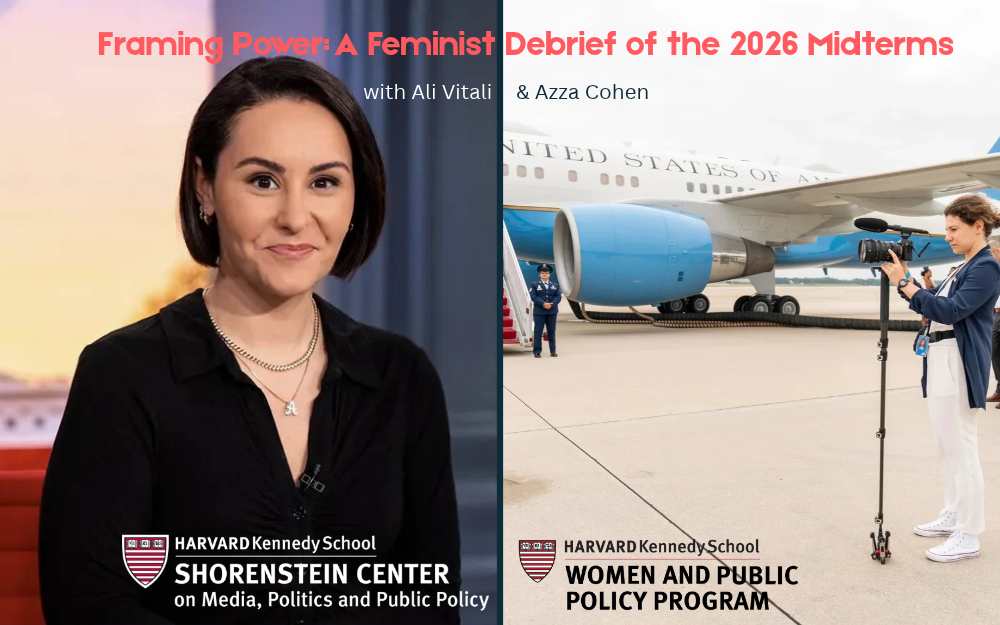 Promotional graphic for “Framing Power: A Feminist Debrief of the 2026 Midterms,” featuring a portrait of Ali Vitali on the left and a photograph of Azza Cohen filming beside a United States government aircraft on the right.