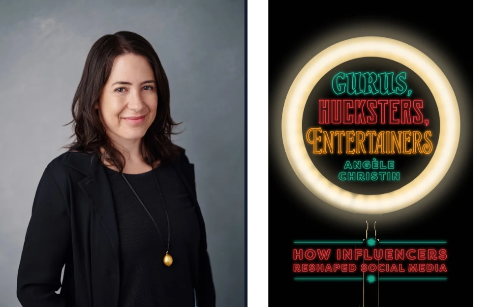 Headshot of a woman with dark brown hair wearing a black blazer, alongside the book cover of Gurus, Hucksters, Entertainers: How Influencers Reshaped Social Media by Angèle Christin, featuring colorful neon lettering on a black background.